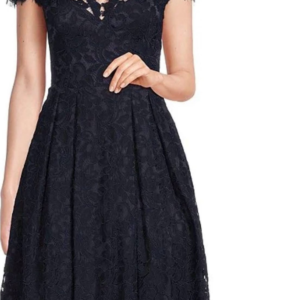 Eliza J Lace Cap Sleeve Scalloped V-Neck Illusion Back A-Line Dress